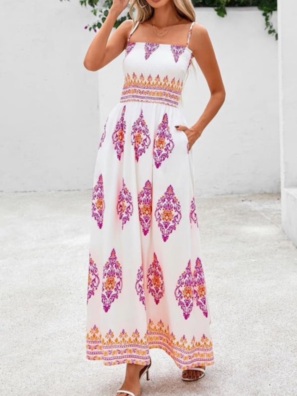 PrettyGarden White Maxi Sundress with Pink & Orange Print